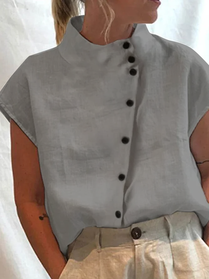 Women Summer Turtleneck Button Down Short Sleeve Casual Plain Cotton Linen Blouse