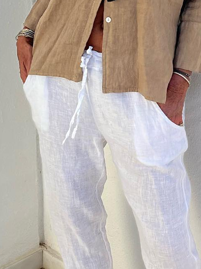 Women Loose Casual Pockets Drawstring Waist White Linen Pants