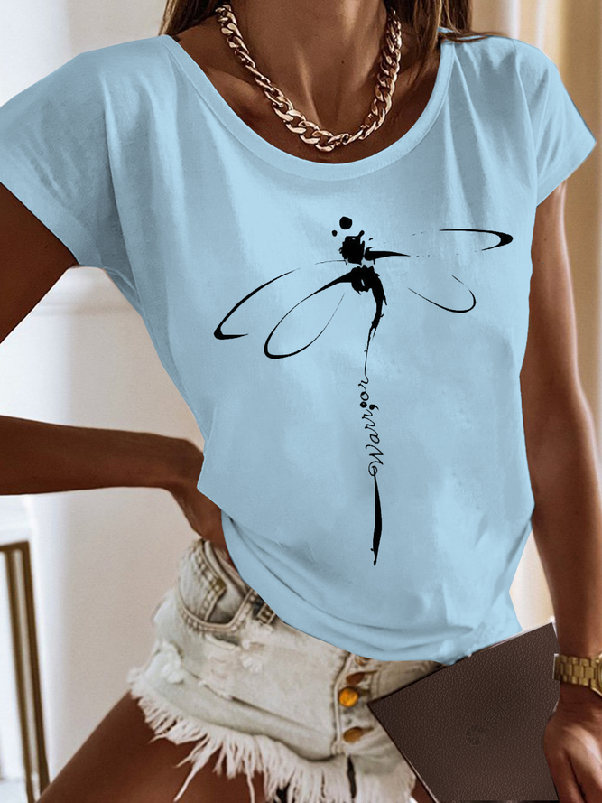 Women Casual Dragonfly Crew Neck Loose Short Sleeve T-Shirt