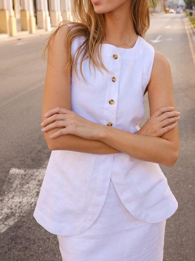 Summer Elegant Outfits Casual Plain Linen Suits Buttoned Down Sleeveless Blouse and Skirt Two-Piece Sets