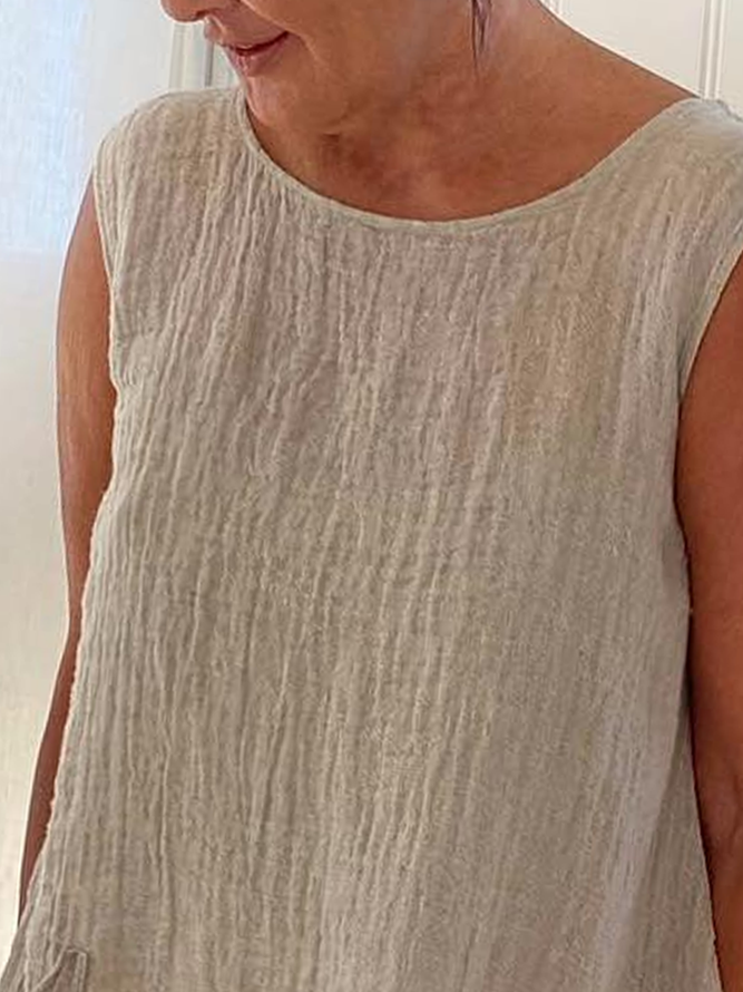 Women Pockets Asymmetrical Hem Khaki Sleeveless Cotton And Linen Tank Top