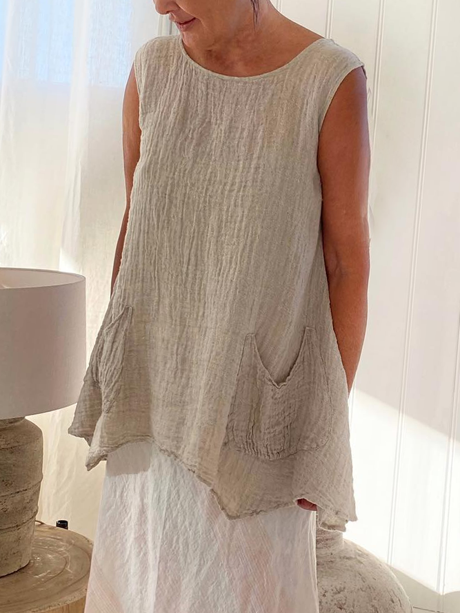 Women Pockets Asymmetrical Hem Khaki Sleeveless Cotton And Linen Tank Top