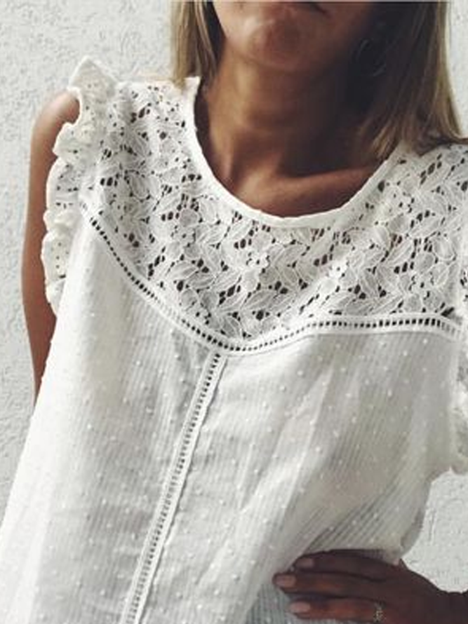 Women's Solid Color Lace Round Neck Cotton Linen Shirt