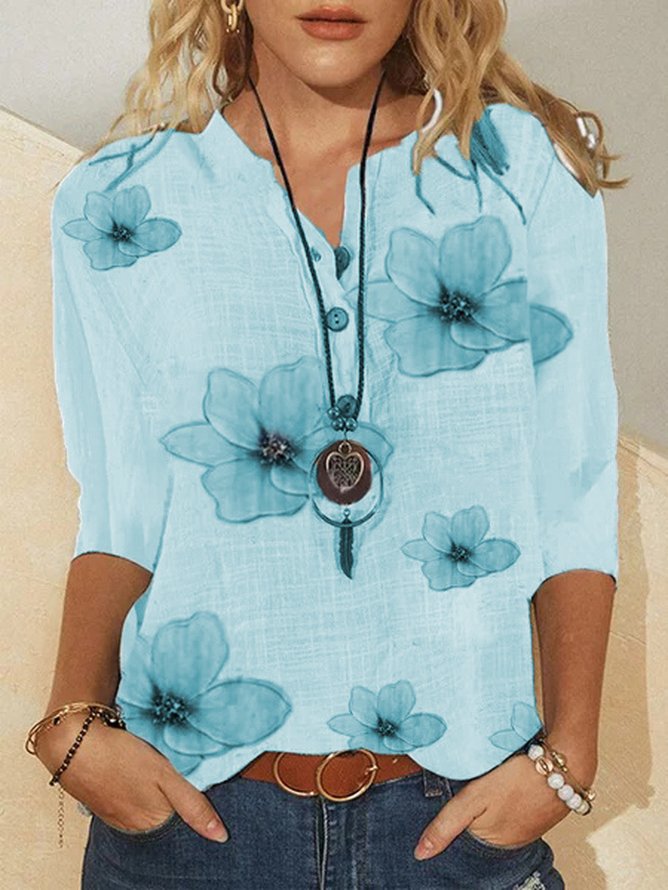 Women Vintage V Neck Casual Floral Half Sleeve Blouse