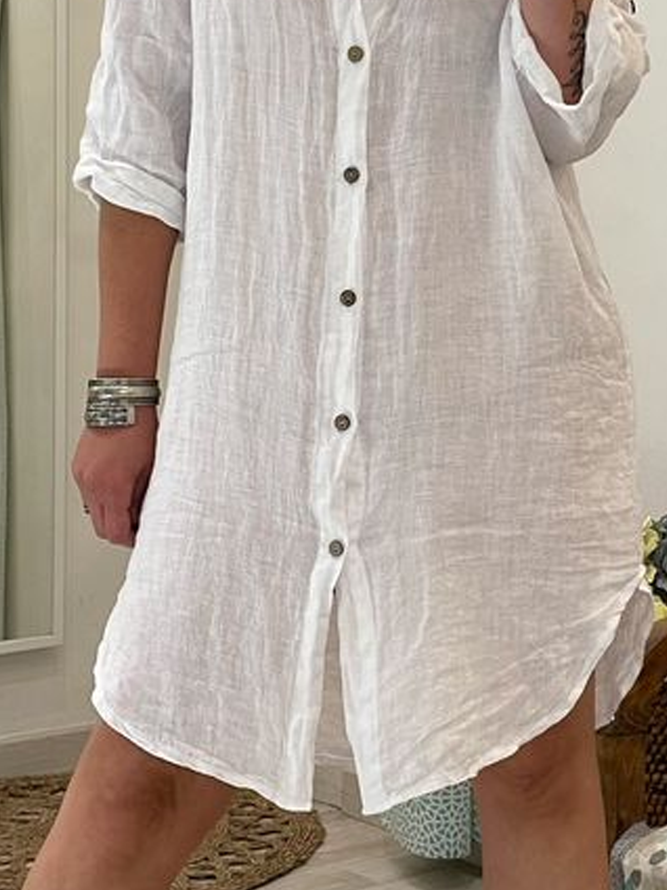 Women White Button Shirt Collar Basic Daily Casual Loose Shirt Dress