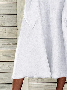 Women Plain Elegant White Casual Half Open Collar Button Pockets Linen Dress