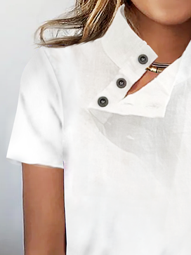 Women Casual Half Open Collar Button Short Sleeve Plain Summer T-shirt