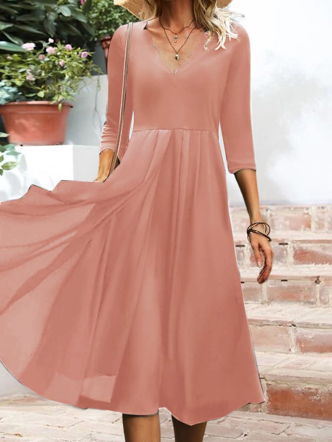 Women Plain Autumn Elegant V neck Three Quarter Sleeve Dress