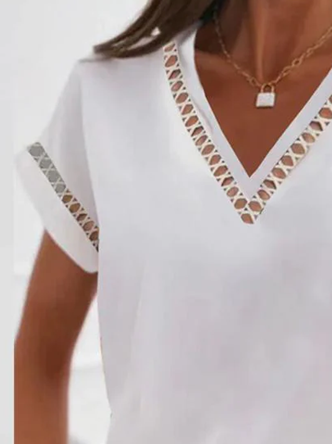 Women Elegant Hollow Out Lace V Neck Short Sleeve White Summer T-shirt