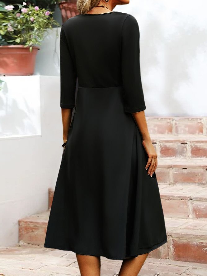 Women Plain Autumn Elegant V neck Three Quarter Sleeve Dress