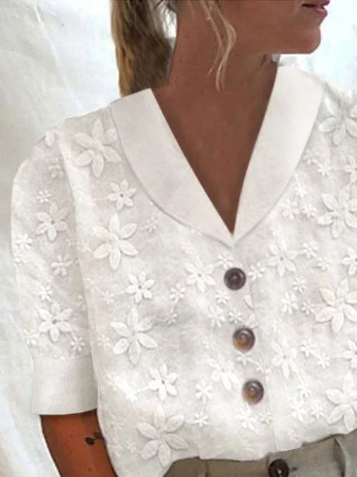 Women Plain Elegant Floral Lace Button Down Collar Loose Short Sleeve Linen Blouse