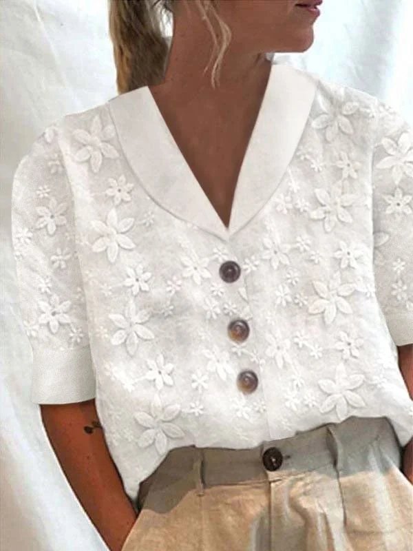 Women Plain Elegant Floral Lace Button Down Collar Loose Short Sleeve Linen Blouse