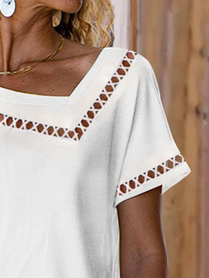 Women Casual Asymmetrical Neck Hollow Out Short Sleeve White Summer T-shirt