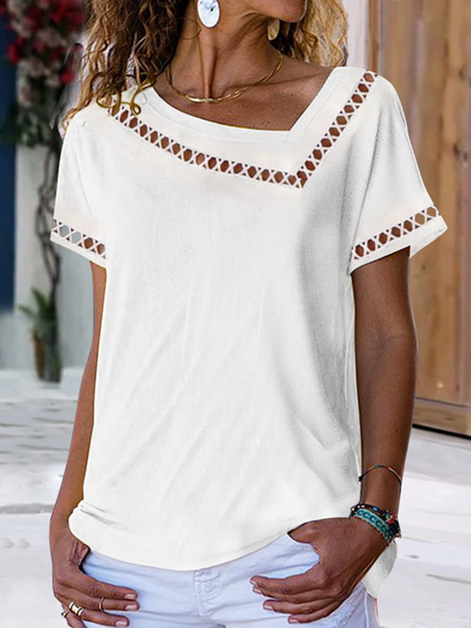 Women Casual Asymmetrical Neck Hollow Out Short Sleeve White Summer T-shirt