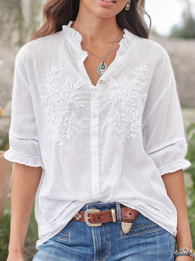 Cotton and linen embroidered button-down shirt