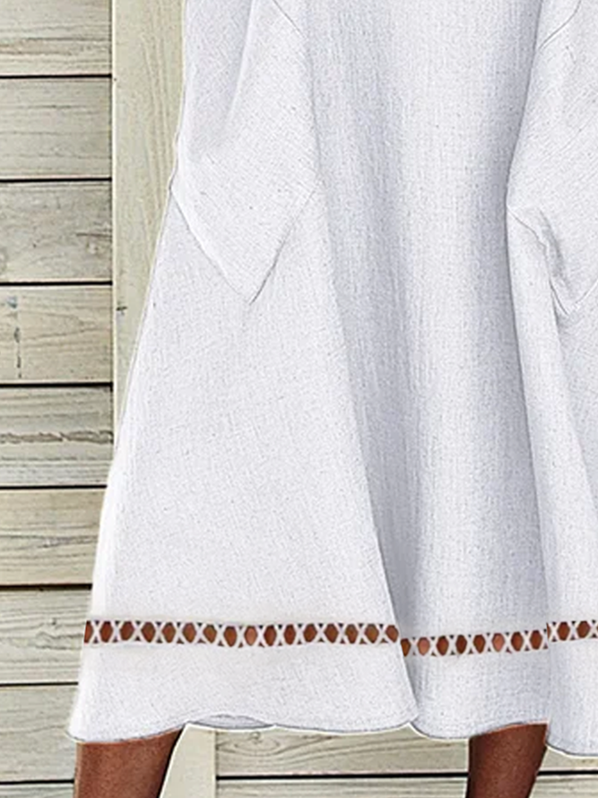 Women Summer Loose Casual Hollow Out Lace Pockets Sleeveless Linen White Dress