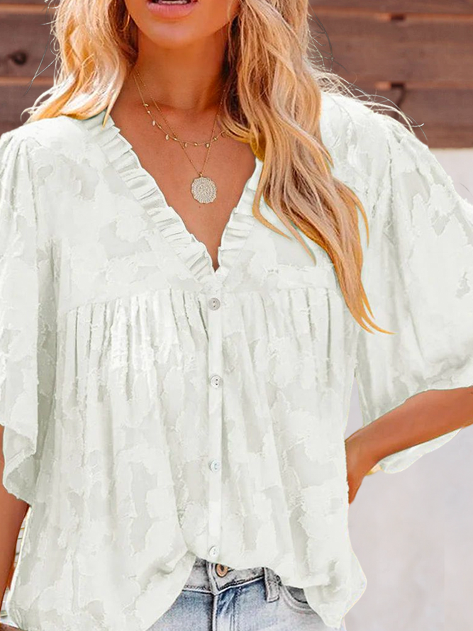 White Floral Textured V Neck Buttoned Blouse