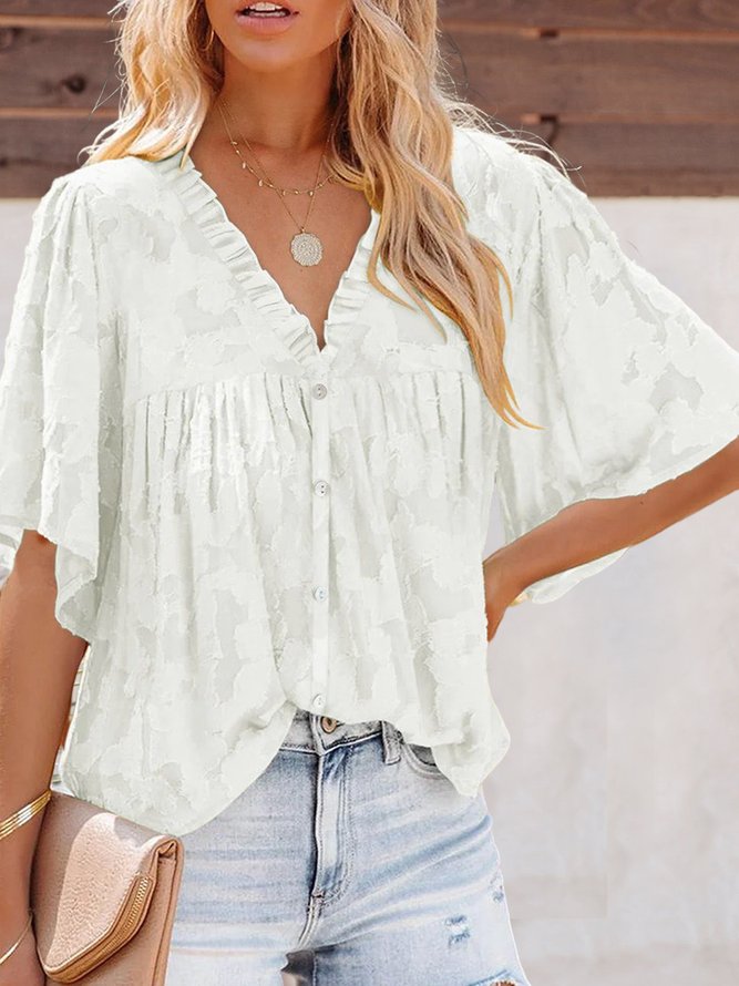 White Floral Textured V Neck Buttoned Blouse