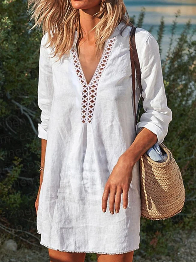 Women Casual Hollow Out Lace V Neck 3/4 Sleeve Cotton And Linen White Dress