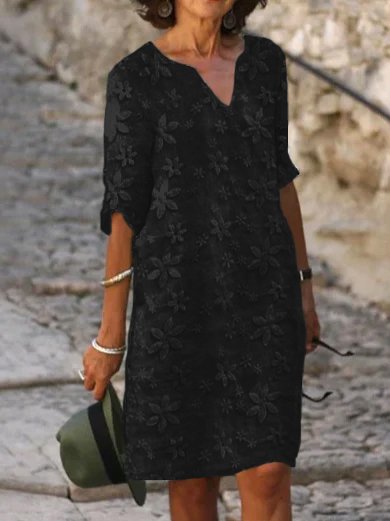 Women Plain Elegant Lace Floral Casual Vacation V Neck Half Sleeve Cotton Linen Dress