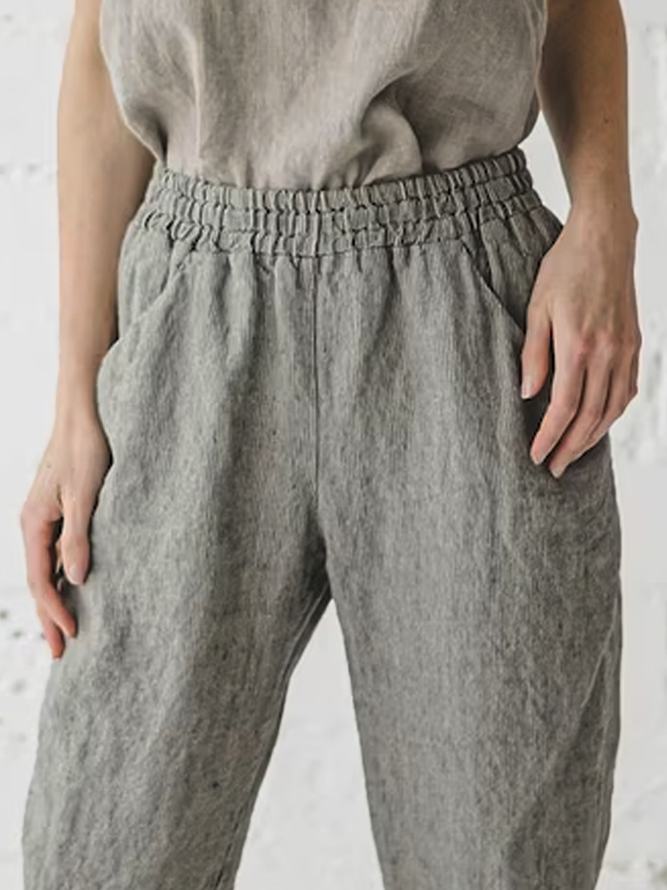 Casual Gray Linen Pants Elastic Waisted Straight Trousers with Pockets