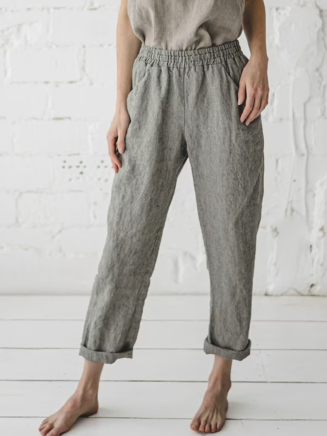 Casual Gray Linen Pants Elastic Waisted Straight Trousers with Pockets