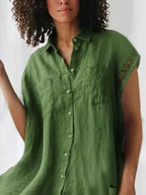 Shirt Collar Short Sleeve Solid Color Cotton Linen Jumpsuit