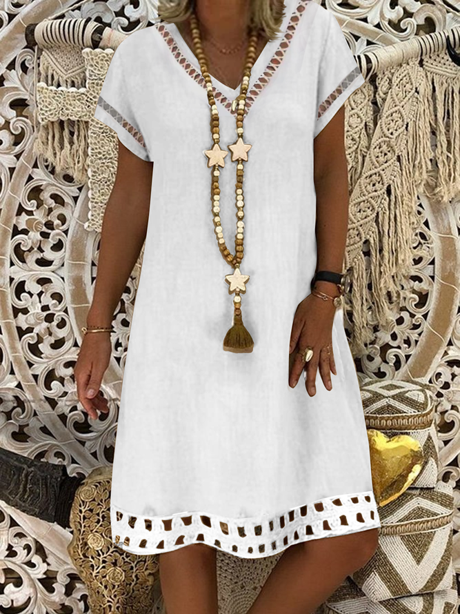 Women Elegant Hollow Out Hem V Neck Short Sleeve Vacation White Linen Dress
