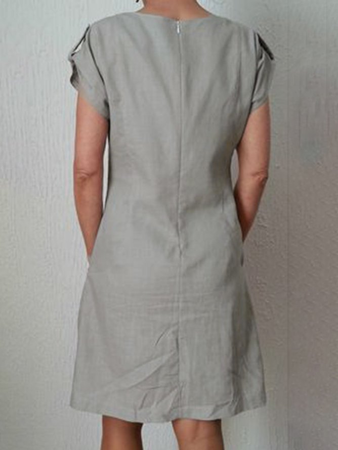 Women Casual Plain Round Neck Zipper Button Pockets Short Sleeve Dress