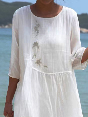 Women Floral Casual Crew Neck Vacation Three Quarter Sleeve White Dress