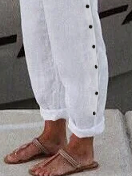 Buttoned Linen Loose Plain Pants