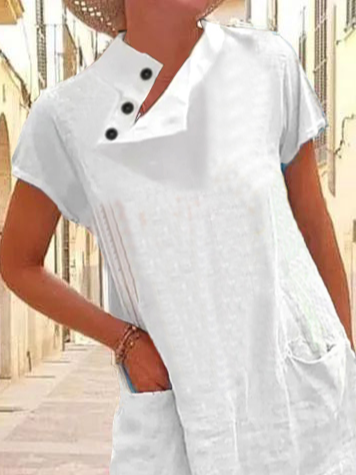 Linen Loose Plain Stand Collar Dress