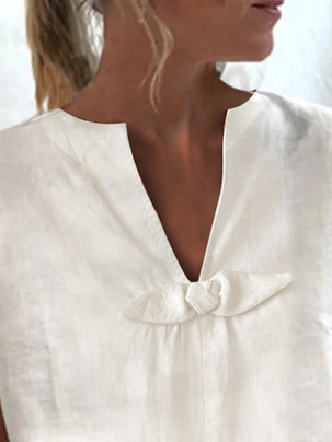 Women Plain Summer Loose V Neck Bow Short Sleeve Cotton And Linen Top