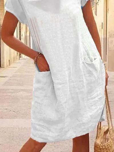Linen Loose Plain Stand Collar Dress