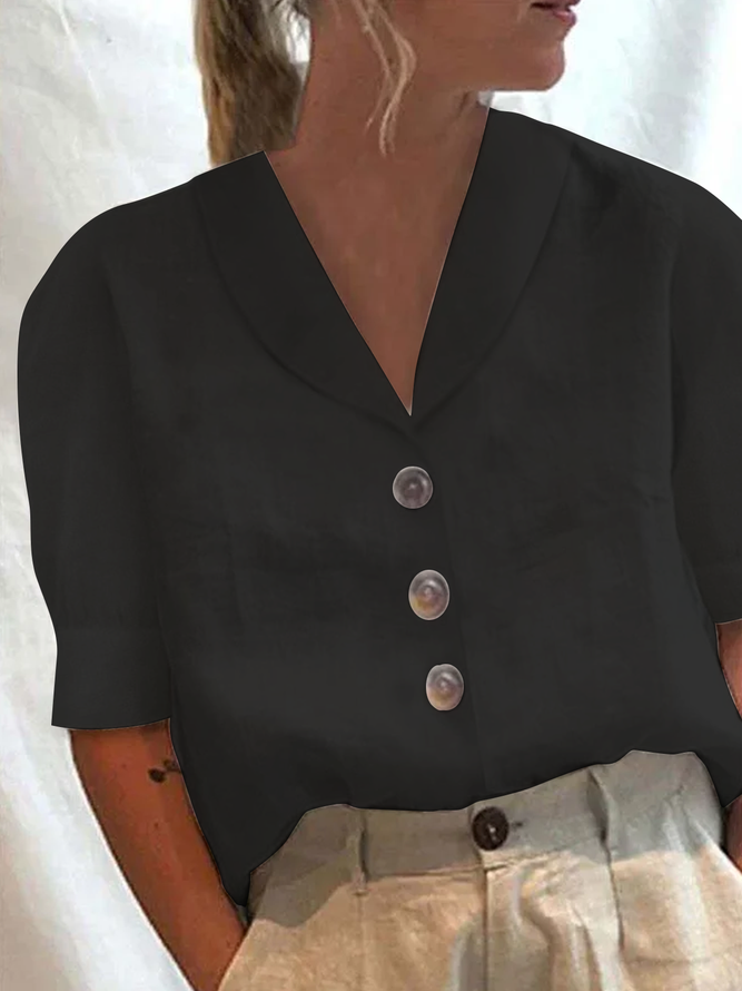 Women Plain Elegant Button Down Collar Loose Short Sleeve Linen Blouse