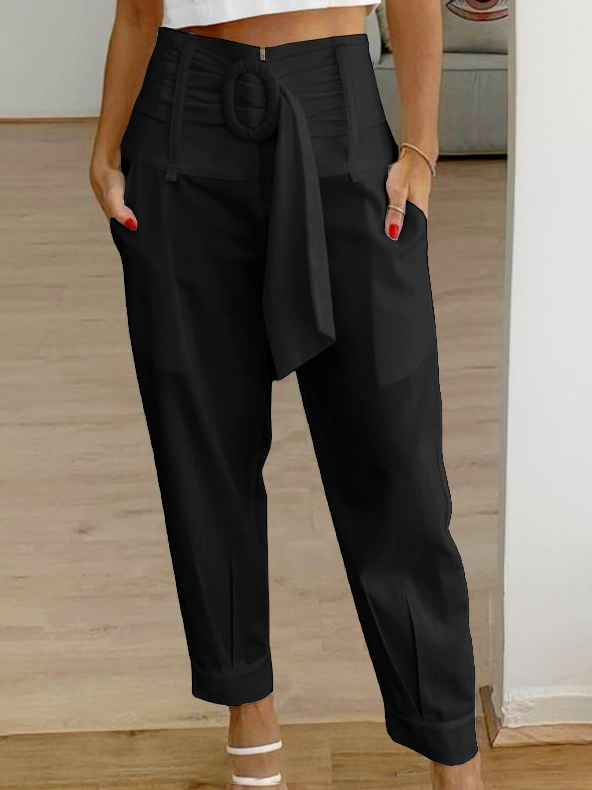 Women Plain High Waist Pockets Tie Belt Zipper Loose Casual Cargo Pants