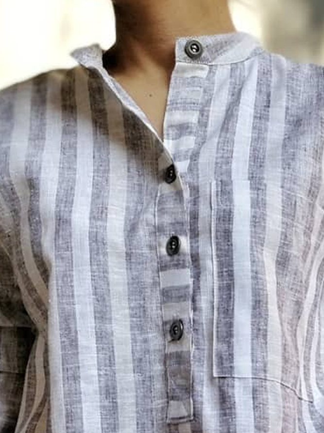 Half Open Collar Buttoned Loose Linen Shirt