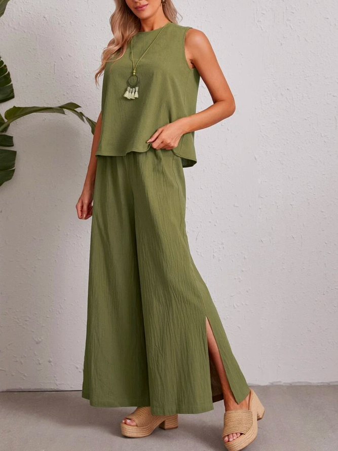 Linen Casual Keyhole Back Solid Top & Split Hem Palazzo Pants Set