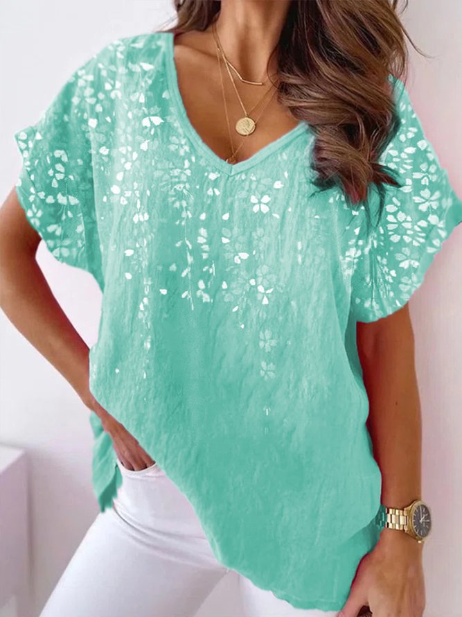 Women Casual Floral and Leaf V Neck Linen Short sleeve Summer T-shirt