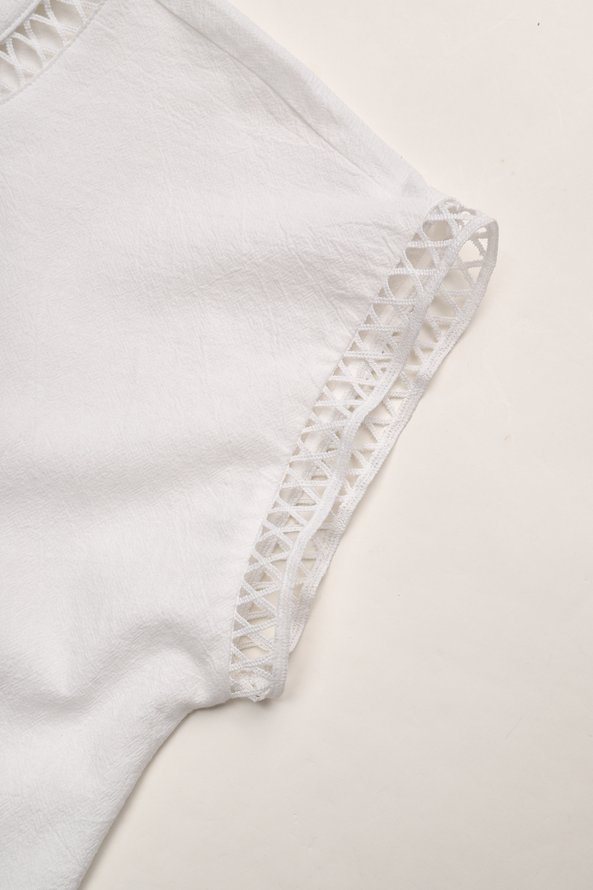 Women Hollow Out Lace Turtleneck Plain Short Sleeve Cotton And Linen Top