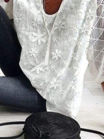 Women Casual V Neck Floral Hollow Out Lace White Half Sleeve Blouse