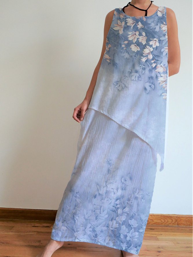 Women's summer cotton and hemp floral print dress