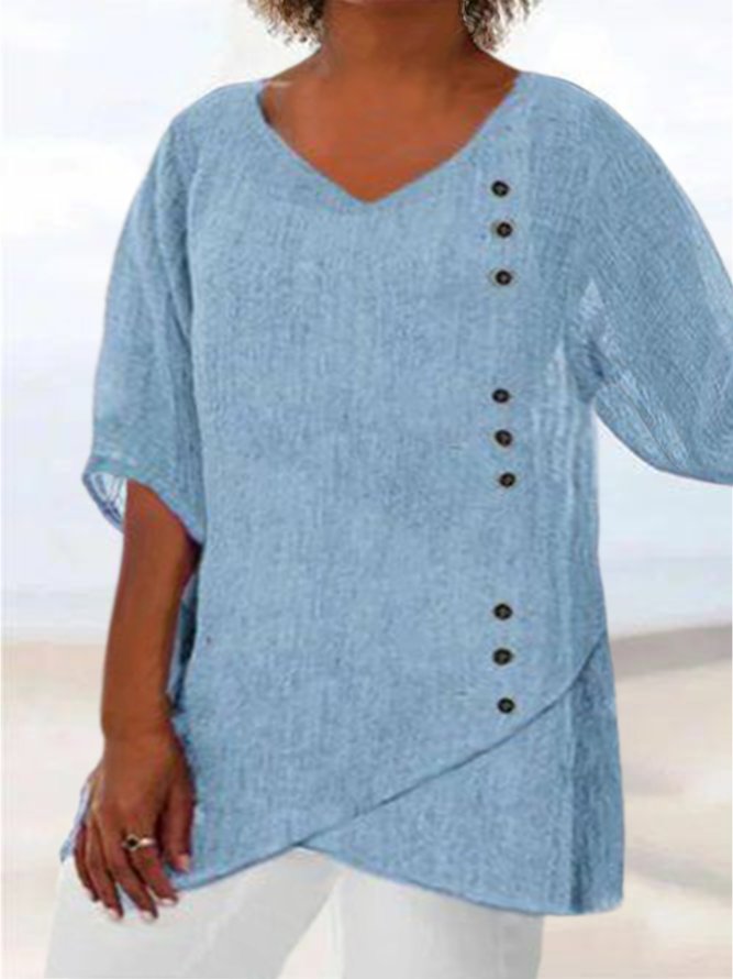 Plus Size Casual V Neck Button Plain Three Quarter Sleeve Tunic Top