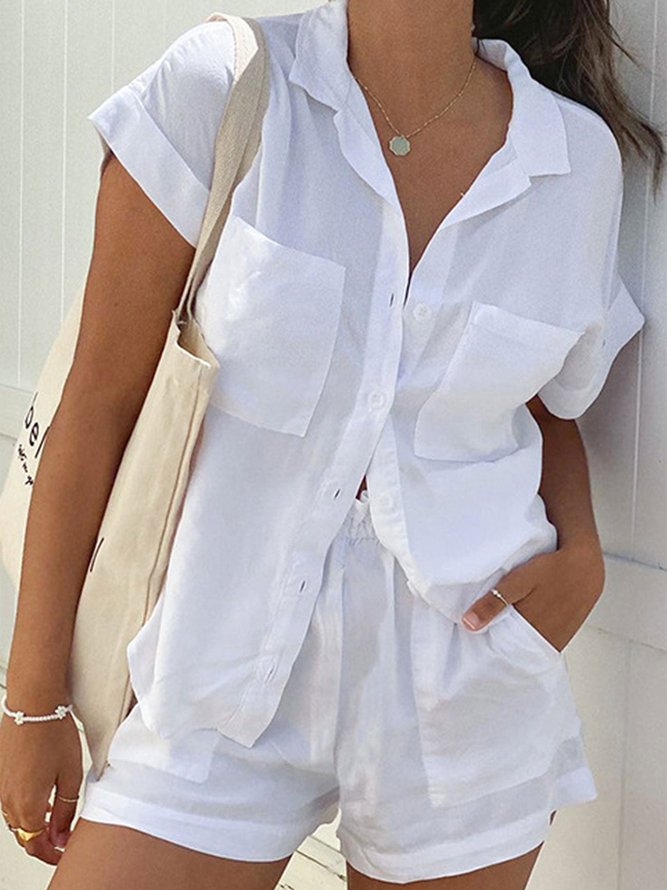 Shawl Collar Buttoned Casual Plain Two-Piece Set
