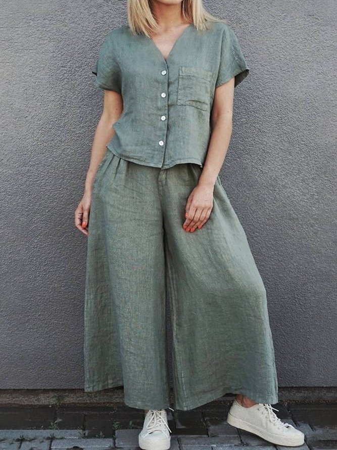 Women's summer cotton and linen simple leisure suit two-piece set