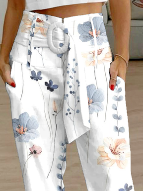Women Floral High Waist Pockets Tie Belt Zipper Loose Casual Cargo Pants