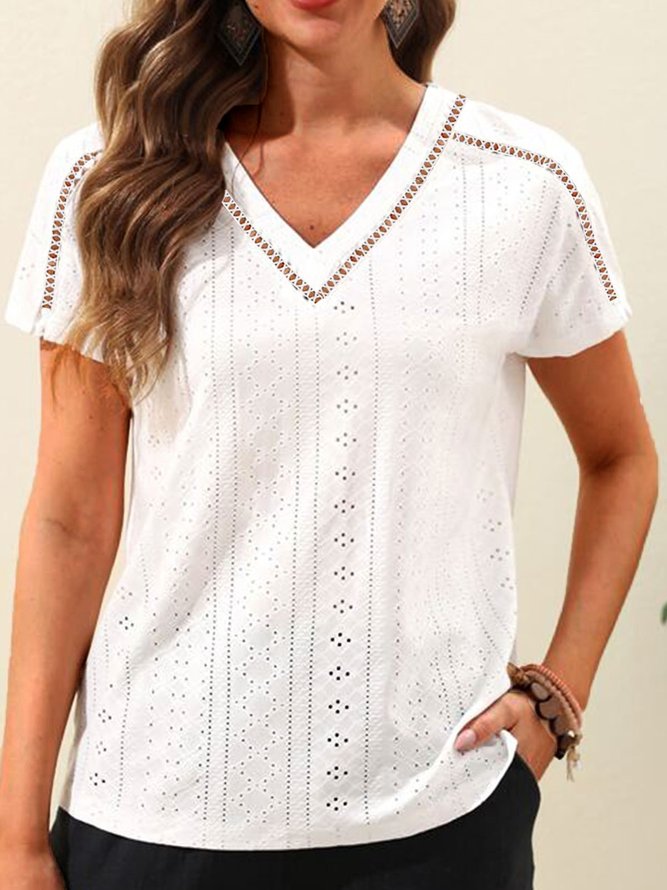 Women's summer cotton embroidered V-neck T-shirt top