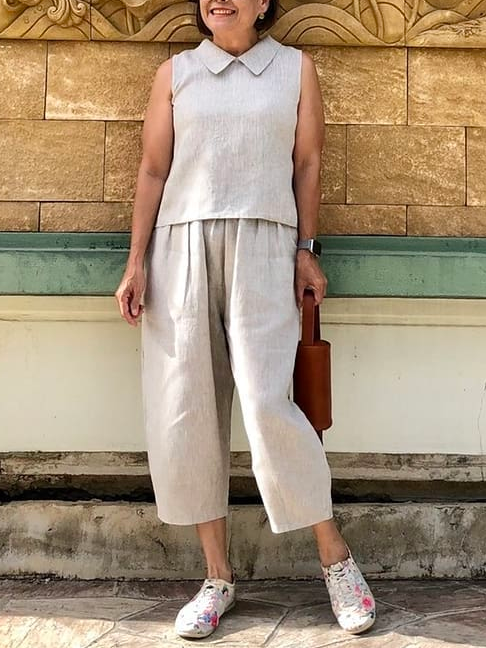 Casual Shirt Collar Linen Plain Two-Piece Set