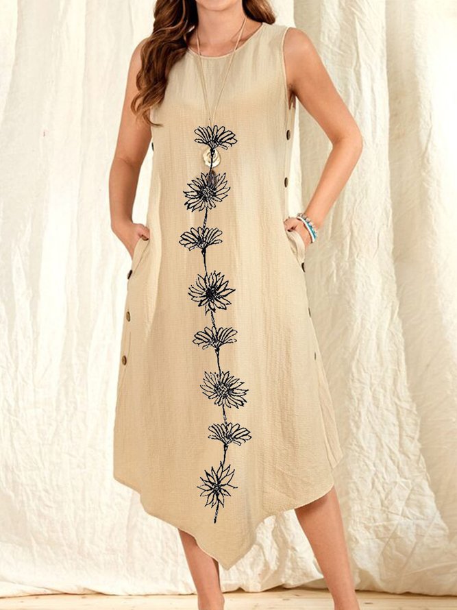 Women's summer breasted printed cotton and linen dress