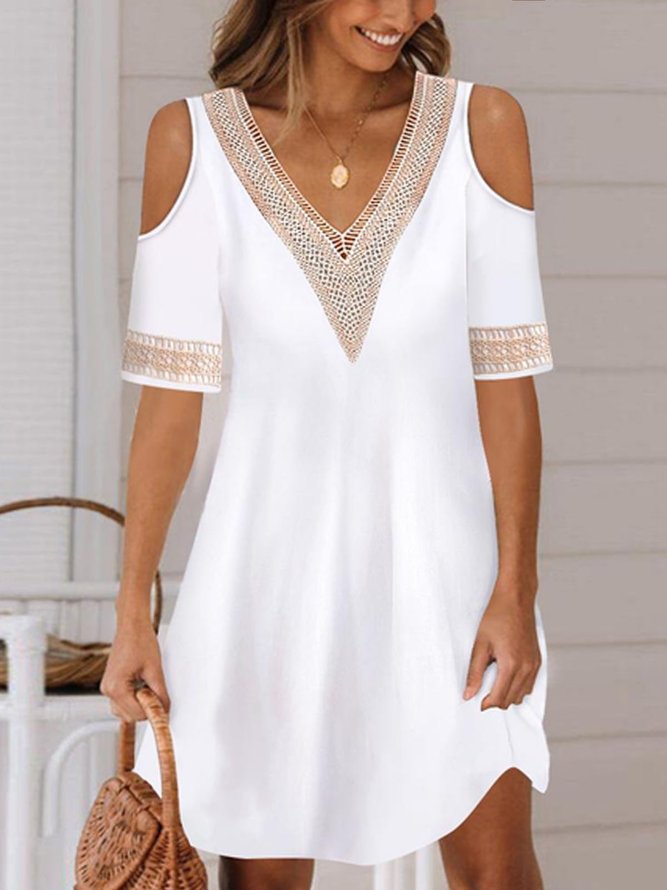 Women Cold Shoulder V Neck Hollow Out Lace Short Sleeve Vacation Dress